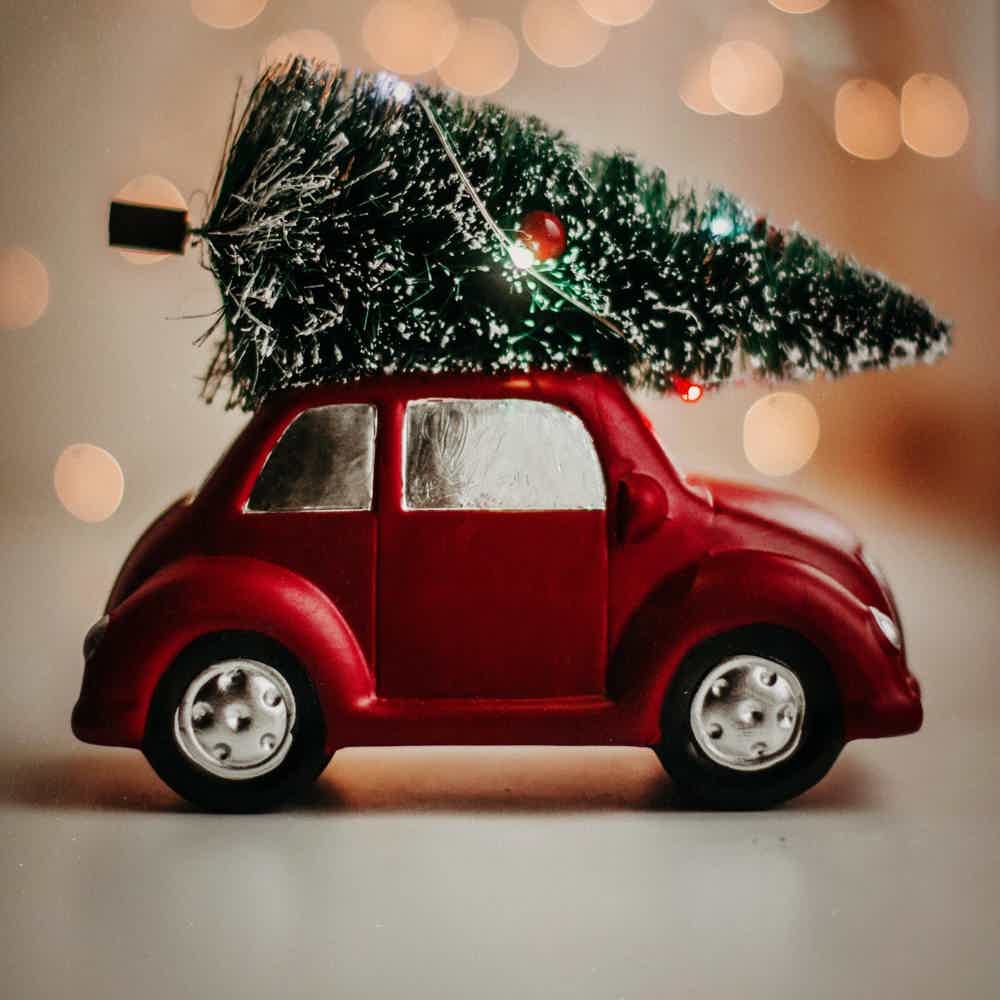 a small christmas tree on a toy car