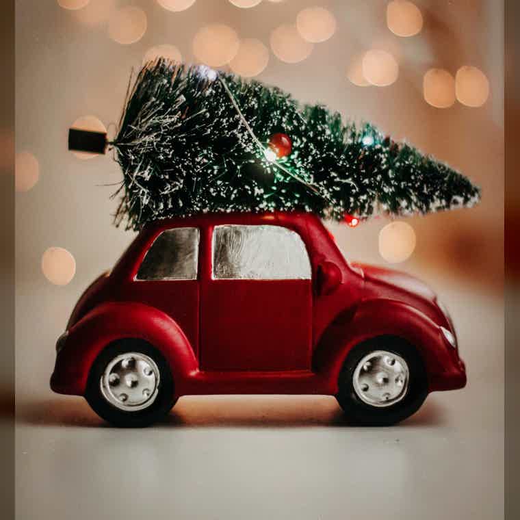 a small christmas tree on a toy car